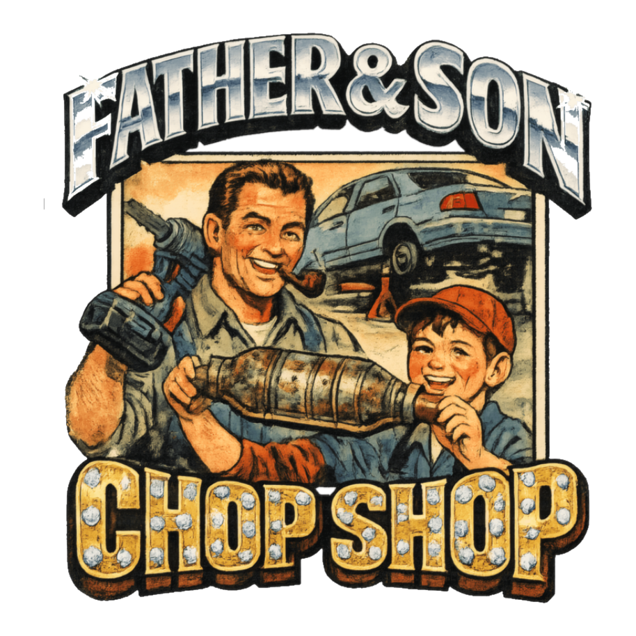 Wholesome 1950s dad and son holding a stolen catalytic converter, FATHER & SON CHOP SHOP, on a sticker — White