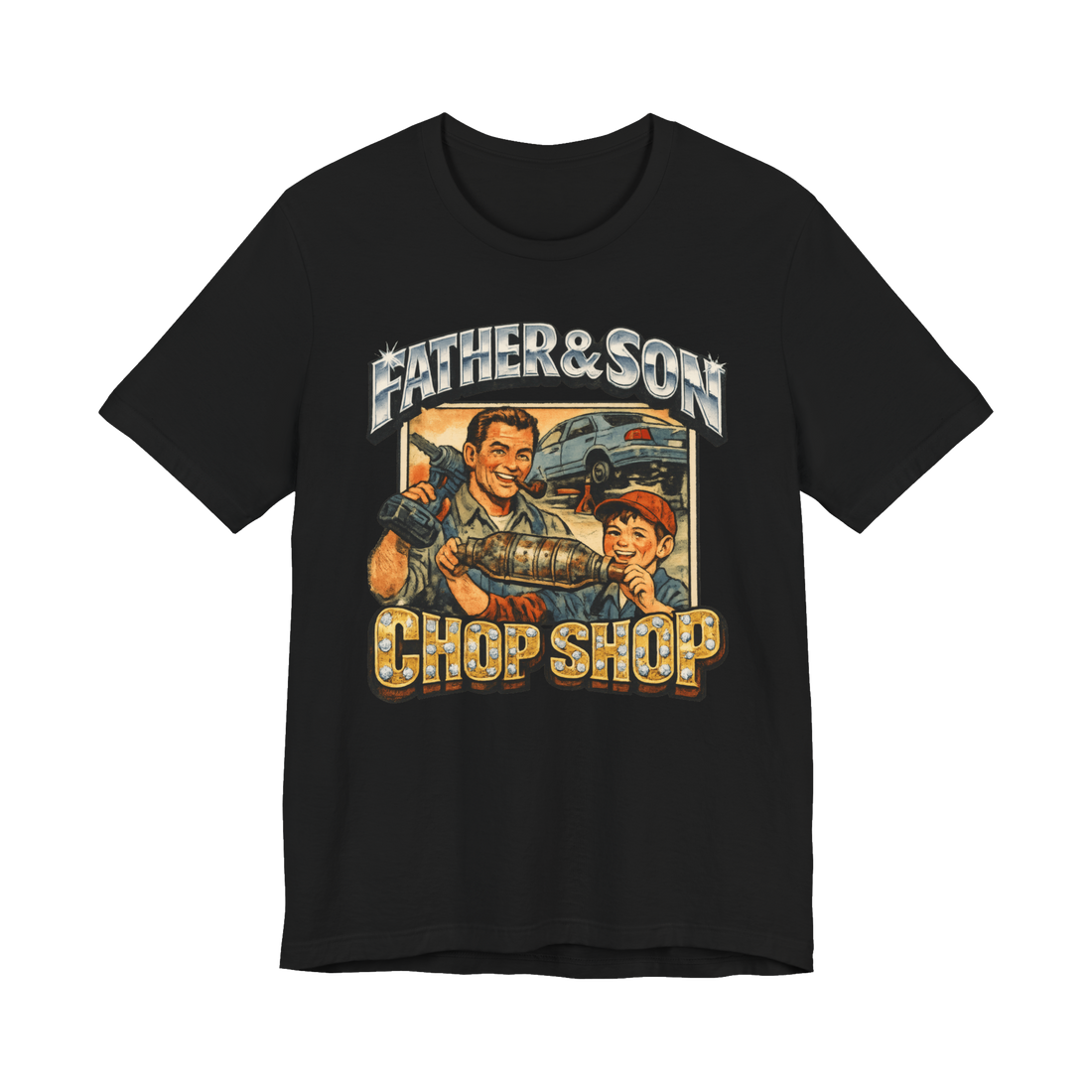 90s bootleg graphic t-shirt showing a father and son stealing a catalytic converter from under a Prius.