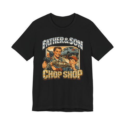 90s bootleg graphic t-shirt showing a father and son stealing a catalytic converter from under a Prius.