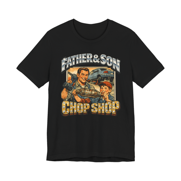 90s bootleg graphic t-shirt showing a father and son stealing a catalytic converter from under a Prius.