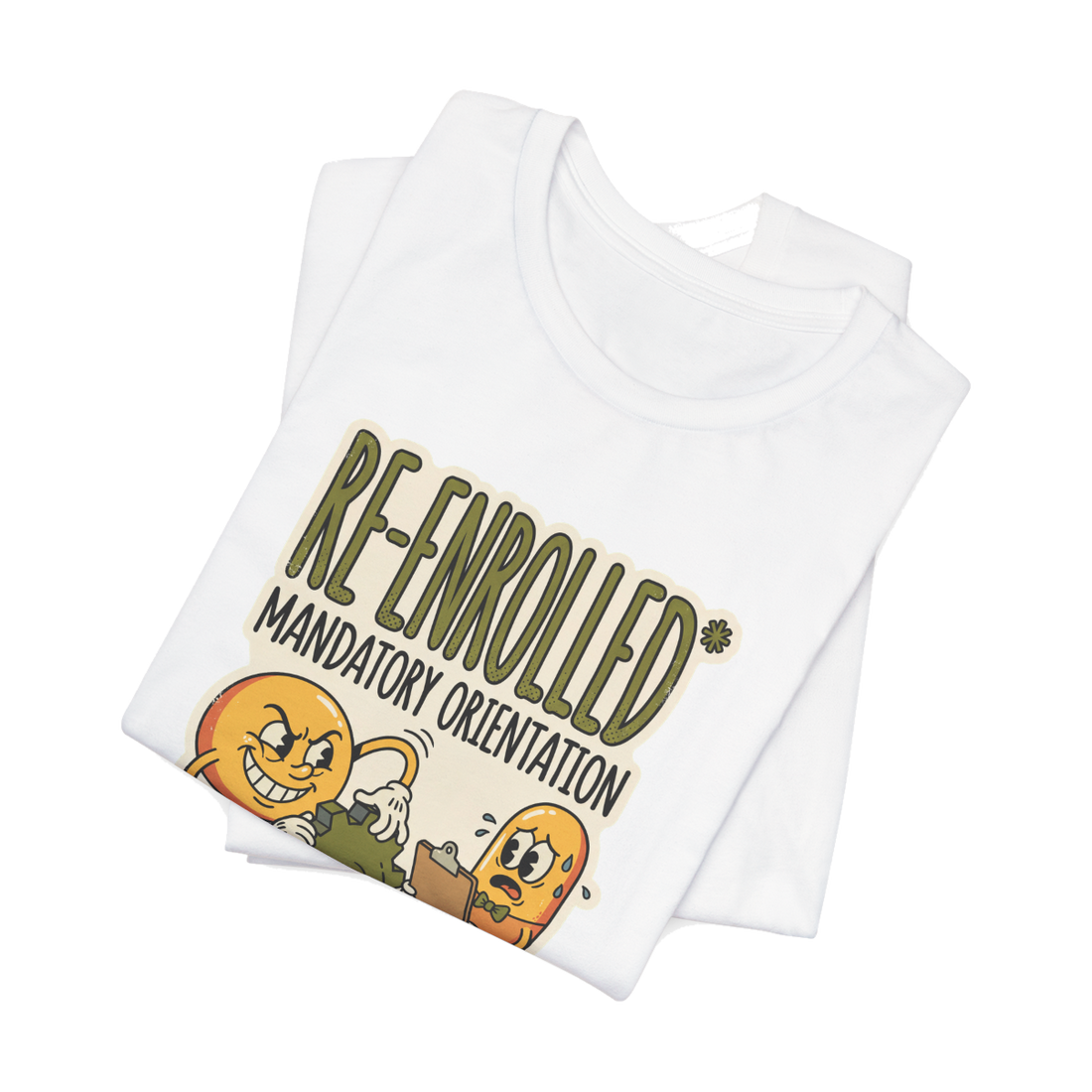Re-Enrolled Fall Cycle T-Shirt — Funny Mandatory Orientation Tee — White