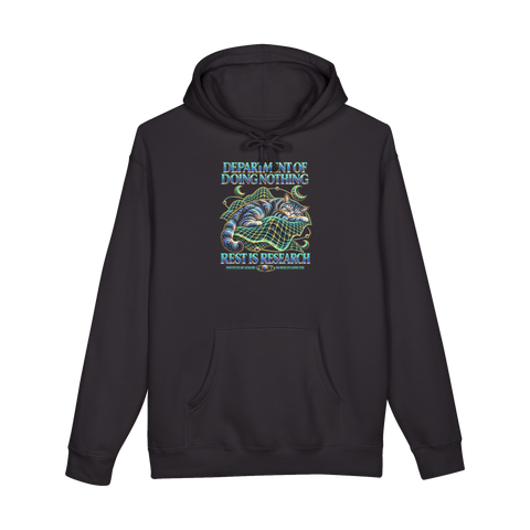 A sleeping tabby cat on a glowing grid with text Rest Is Research and Department of Doing Nothing on a hoodie.
