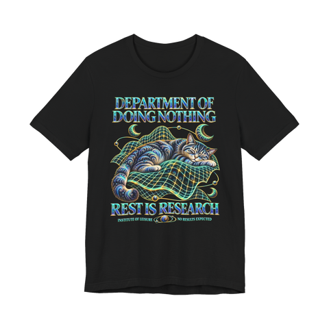A graphic t-shirt featuring a resting cat on a cosmic grid with the text Rest Is Research