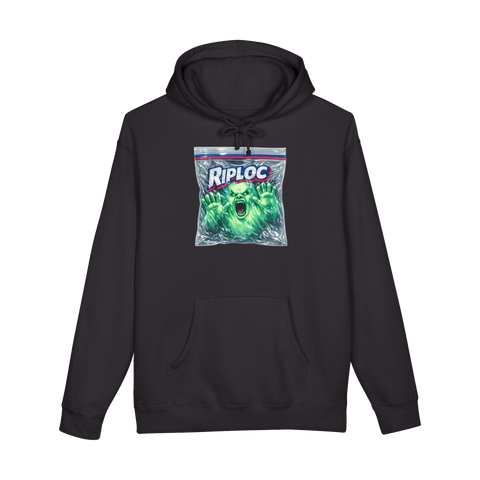 A hoodie featuring a funny Riploc Soul Storage bag design for keeping captured ghosts and demons fresh.