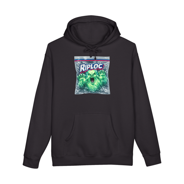 A hoodie featuring a funny Riploc Soul Storage bag design for keeping captured ghosts and demons fresh.
