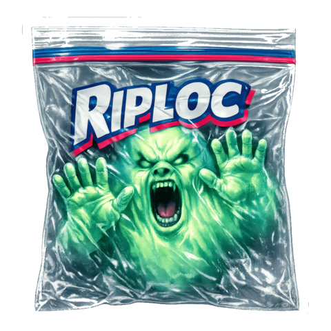 Screaming green ghost trapped inside a Ziploc-style sandwich bag branded RIPLOC, on a sticker — White