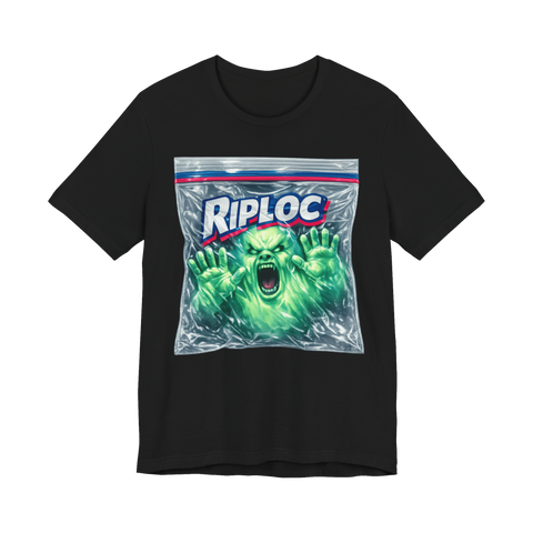 Furious screaming ghost sealed in a Ziploc-style bag branded RIPLOC, on a t-shirt — Black
