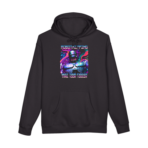 RoboCop melting in psychedelic swirls under ROBOTRIPPING and a Tussin slogan, on a hoodie — Black