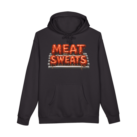 A hoodie featuring typography made entirely out of glistening gas station roller grill hot dogs spelling out Meat Sweats