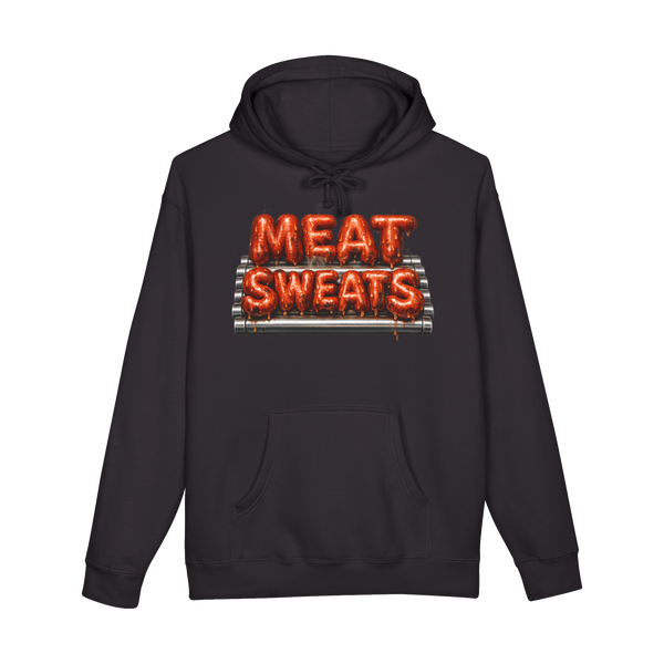 A hoodie featuring typography made entirely out of glistening gas station roller grill hot dogs spelling out Meat Sweats