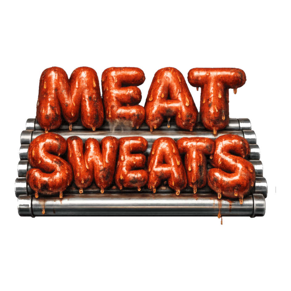 The words MEAT SWEATS spelled in blistered, sweating hot dogs on a roller grill, on a sticker — White