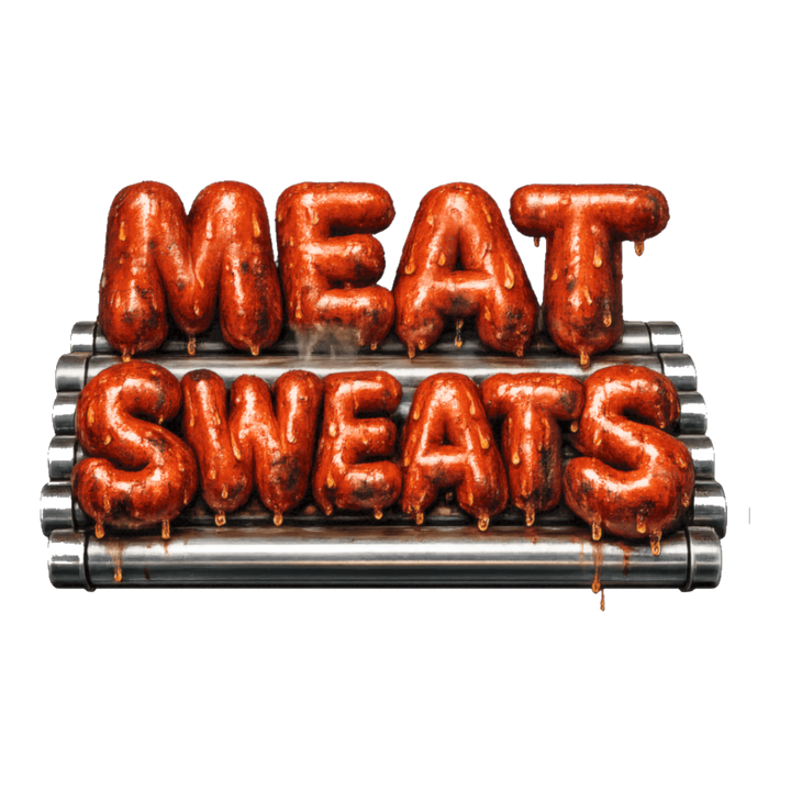 The words MEAT SWEATS spelled in blistered, sweating hot dogs on a roller grill, on a sticker — White