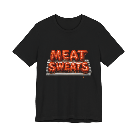 Roller Grill Meat Sweats typography made of glistening gas station hot dogs on a funny graphic shirt.