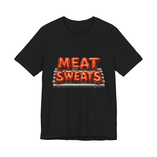 Roller Grill Meat Sweats typography made of glistening gas station hot dogs on a funny graphic shirt.