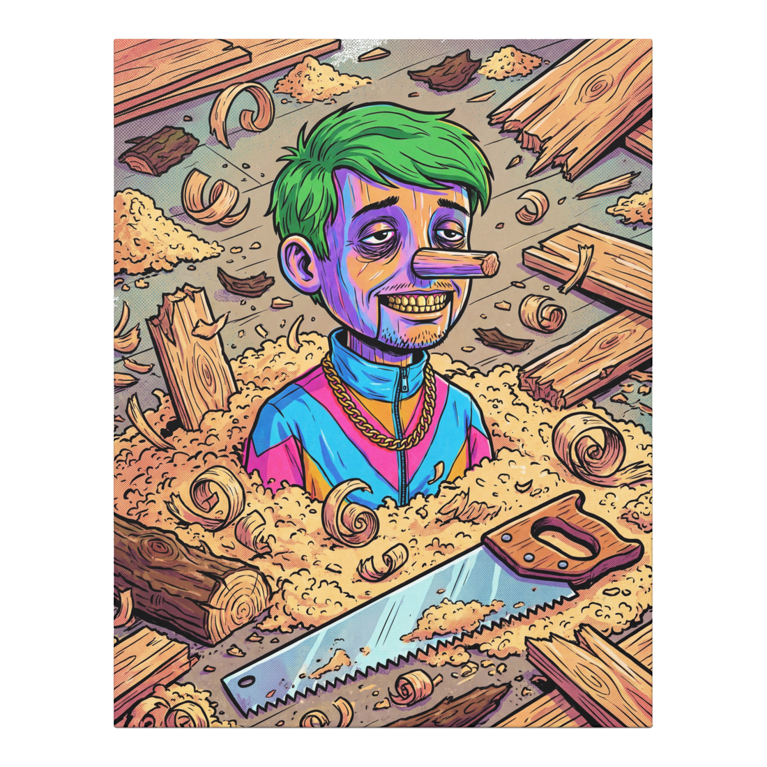 Off-brand Pinocchio in a tracksuit and gold chain with his nose sawed off flat, on canvas wall art — 0.75''