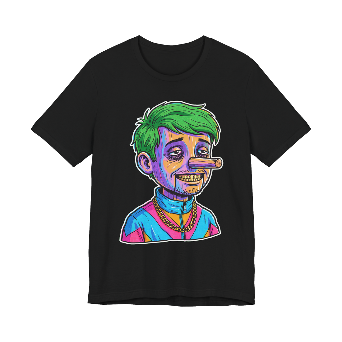 Off-brand Pinocchio in a tracksuit and gold chain with his nose sawed off flat, on a t-shirt — Black