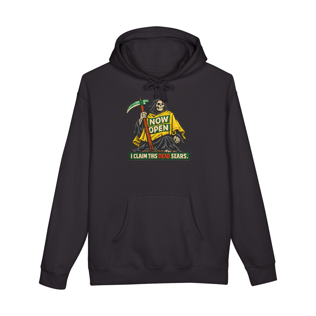 Seasonal Conqueror Hoodie — Halloween Store Reaper Meme Grim Retail — Black