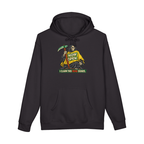 Seasonal Conqueror Hoodie — Halloween Store Reaper Meme Grim Retail — Black