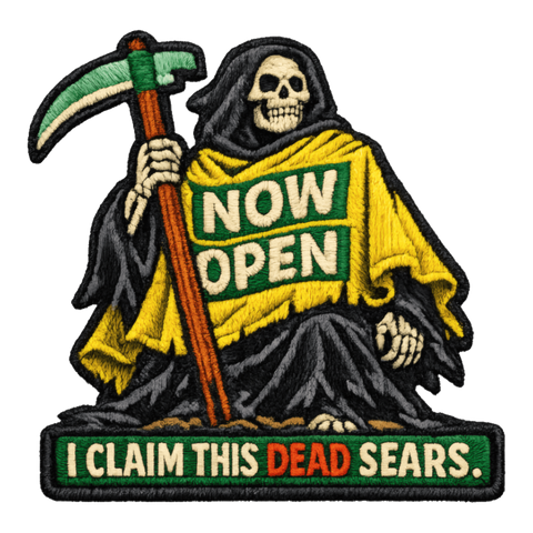 Seasonal Conqueror Sticker — Halloween Store Reaper Meme Grim Retail — White