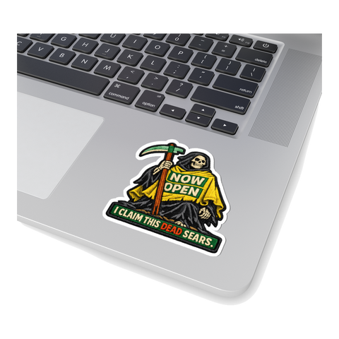 Seasonal Conqueror Sticker — Halloween Store Reaper Meme Grim Retail — White