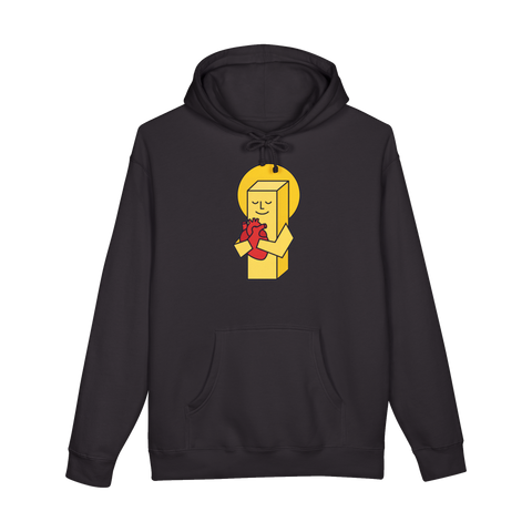 Haloed stick of butter hugging a human heart to sleep, a butter heart attack joke, on a hoodie — Black