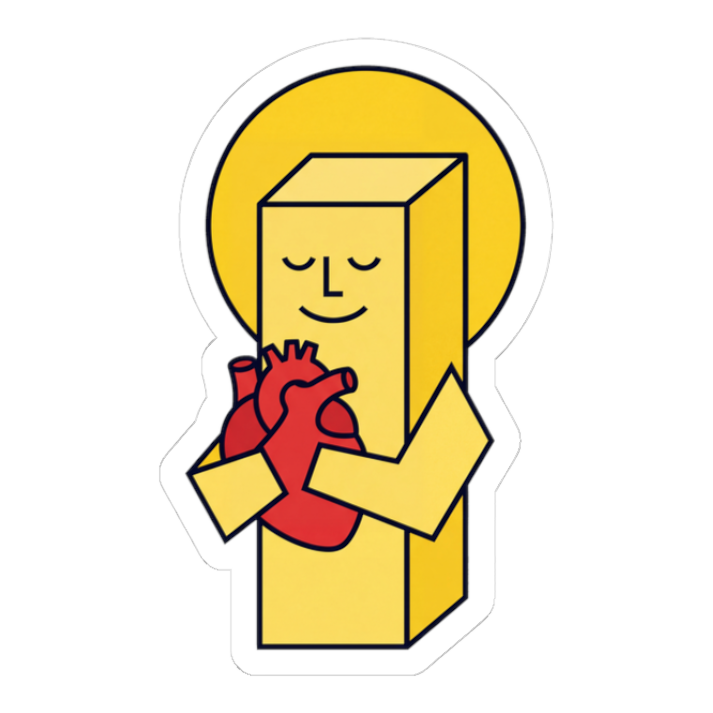 Smiling haloed stick of butter cradling a human heart to sleep, flat pictogram style, on a sticker — White