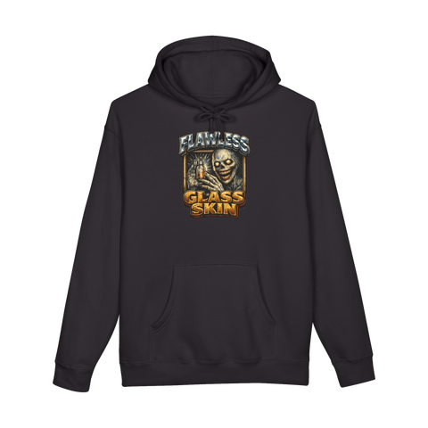 Vintage bootleg rap style design featuring a pale skin cryptid and skincare text on a hoodie.