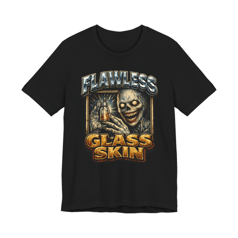Funny skin cryptid skincare routine graphic styled like a loud bootleg rap shirt, featuring a cursed glowing entity.