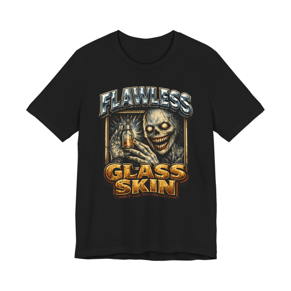 Funny skin cryptid skincare routine graphic styled like a loud bootleg rap shirt, featuring a cursed glowing entity.