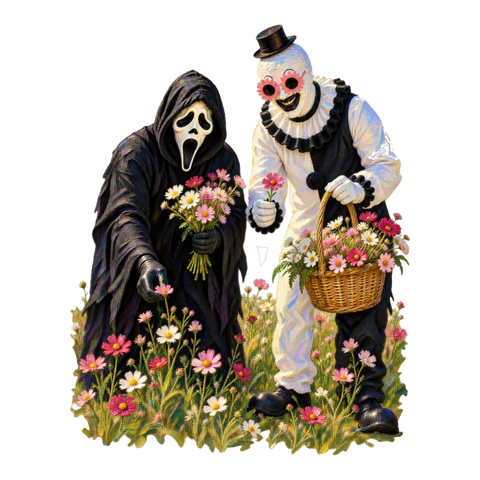 Slasher Cottagecore Sticker — Funny Ghostface and Art the Clown — White