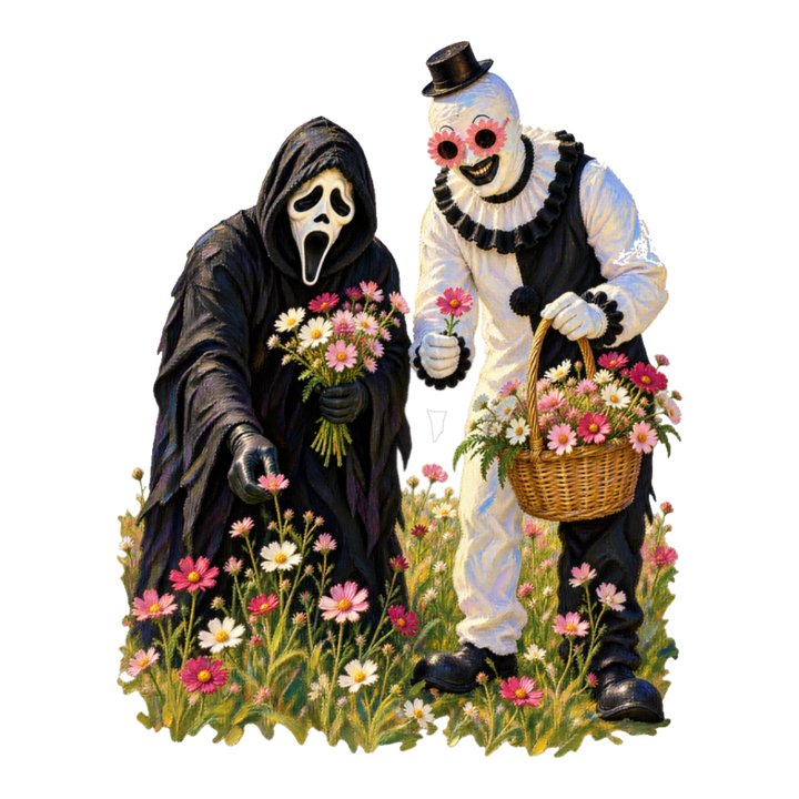Slasher Cottagecore Sticker — Funny Ghostface and Art the Clown — White