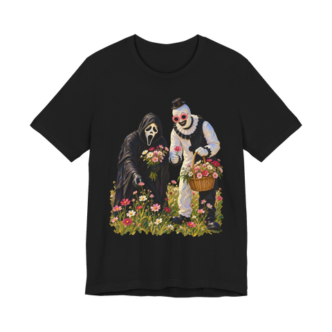 Slasher Cottagecore T-Shirt — Funny Ghostface and Art the Clown — Black