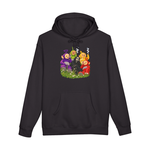 Slasher Tubby Time Hoodie — Funny Teletubbies Ghostface Smoking Weed — Black