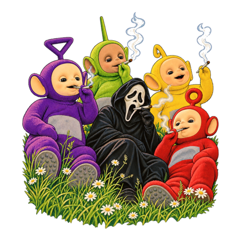 Slasher Tubby Time Sticker — Funny Teletubbies Ghostface Smoking Weed — White