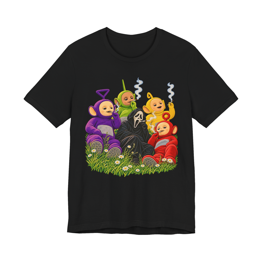 Slasher Tubby Time T-Shirt — Funny Teletubbies Ghostface Smoking Weed — Black