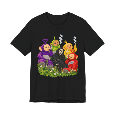 Slasher Tubby Time T-Shirt — Funny Teletubbies Ghostface Smoking Weed — Black