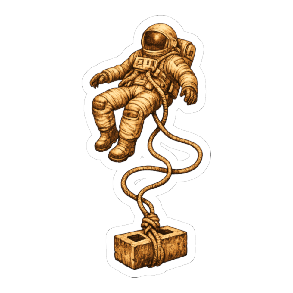 Etched astronaut floating in space on a rope tied to a cinder block, on a sticker — White