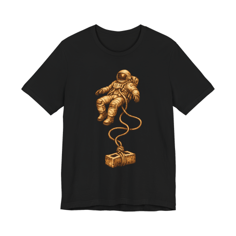 Etched astronaut floating in space on a rope tied to a cinder block, on a t-shirt — Black
