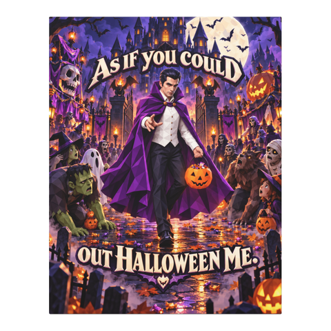 Caped vampire with a jack-o'-lantern candy bucket: As if you could out Halloween me, on canvas wall art — 0.75''
