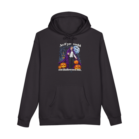 Caped vampire with a jack-o'-lantern candy bucket: As if you could out Halloween me, on a hoodie — Black