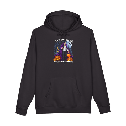 Caped vampire with a jack-o'-lantern candy bucket: As if you could out Halloween me, on a hoodie