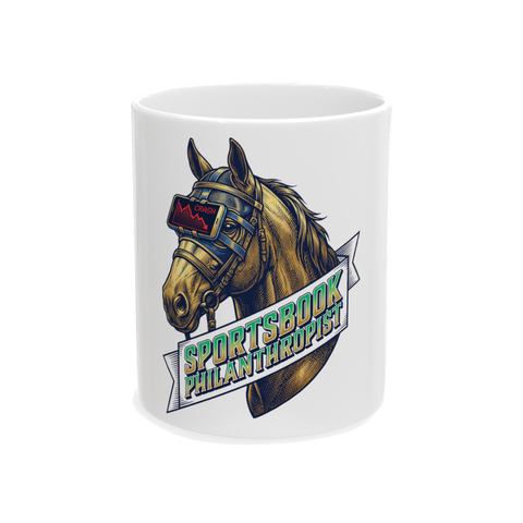 A white coffee mug featuring the text Sportsbook Philanthropist for sports bettors