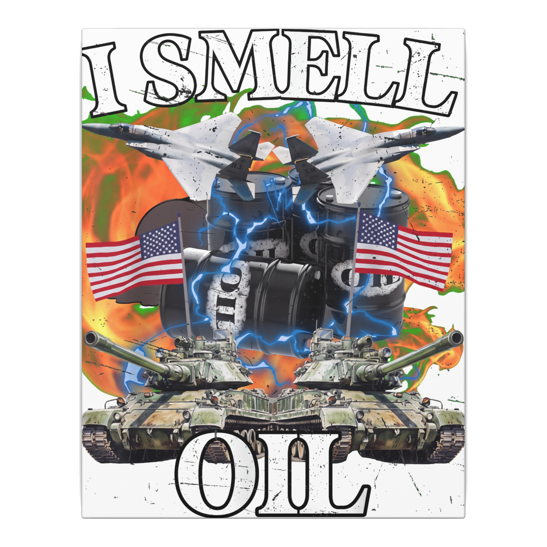 Funny political wall art reading Spreading Democracy One Barrel At A Time with military satire design