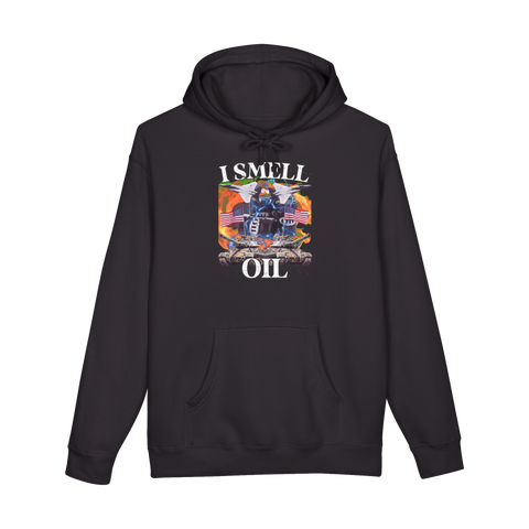 War for oil collage: fighter jets, tanks, US flags and oil barrels under I SMELL OIL, on a hoodie — Black