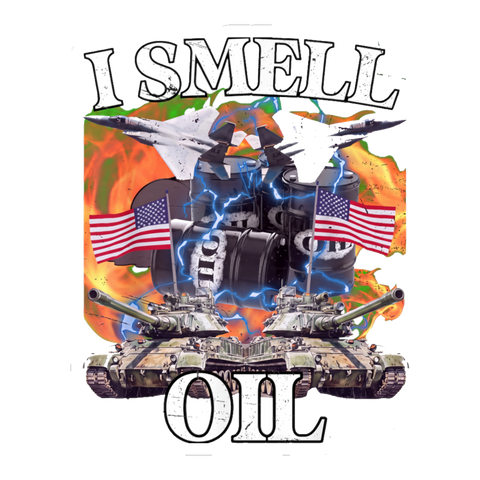 War for oil collage: fighter jets, tanks, US flags and oil barrels under I SMELL OIL, on a sticker — White