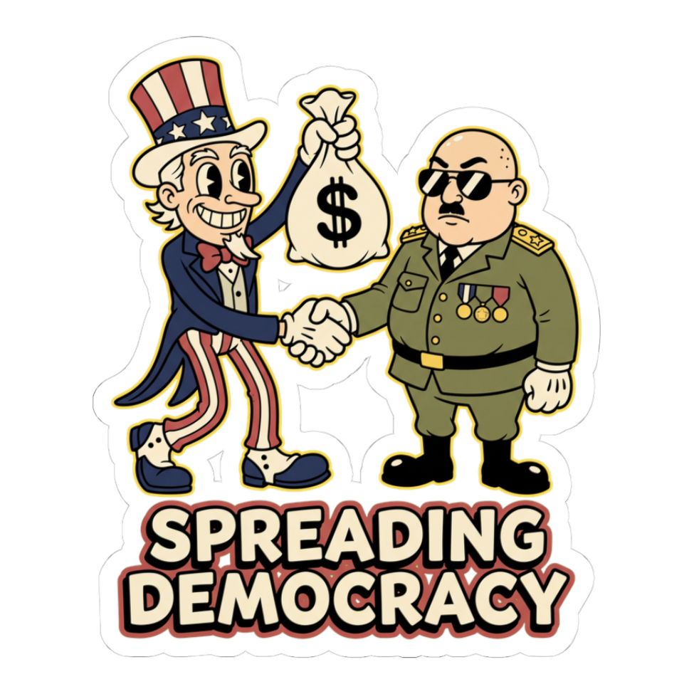 Spreading Democracy — Funny Political Satire Sticker — White