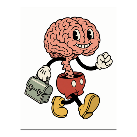 Creepy retro cartoon poster featuring a whistling brain and spinal cord in the style of an early animation mascot.