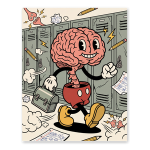 Steamboat Willie-style brain and spinal cord in red shorts skipping with a lunchbox, on a poster