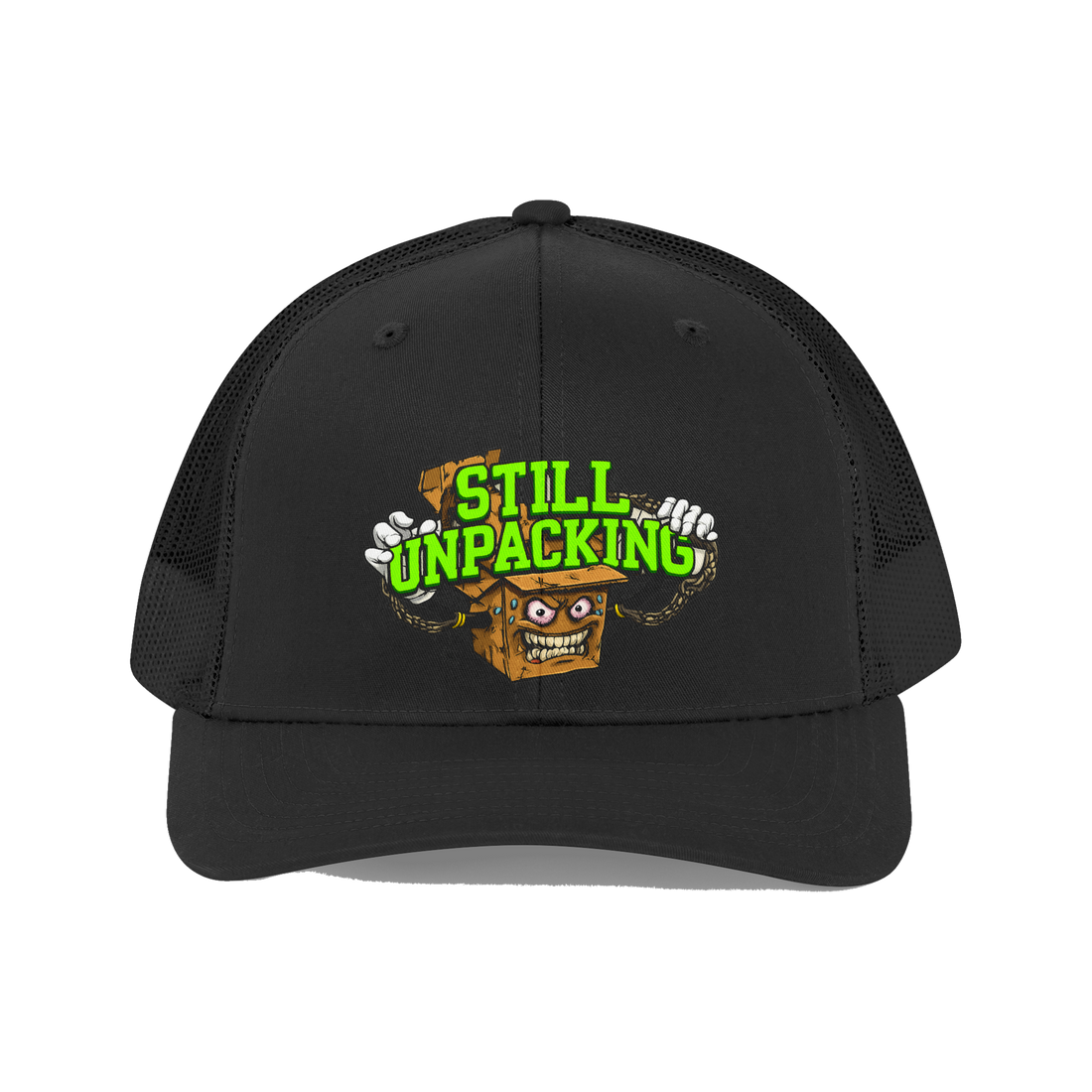 Still Unpacking Trucker Cap — Funny Therapy Humor Cap — Black