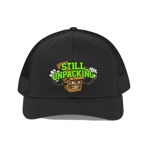 Still Unpacking Trucker Cap — Funny Therapy Humor Cap — Black